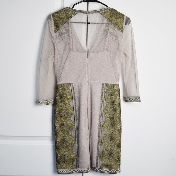 Fancy golden sheath cocktail dress S, event deep v neck dress for wedding guest - Picture 3 of 13